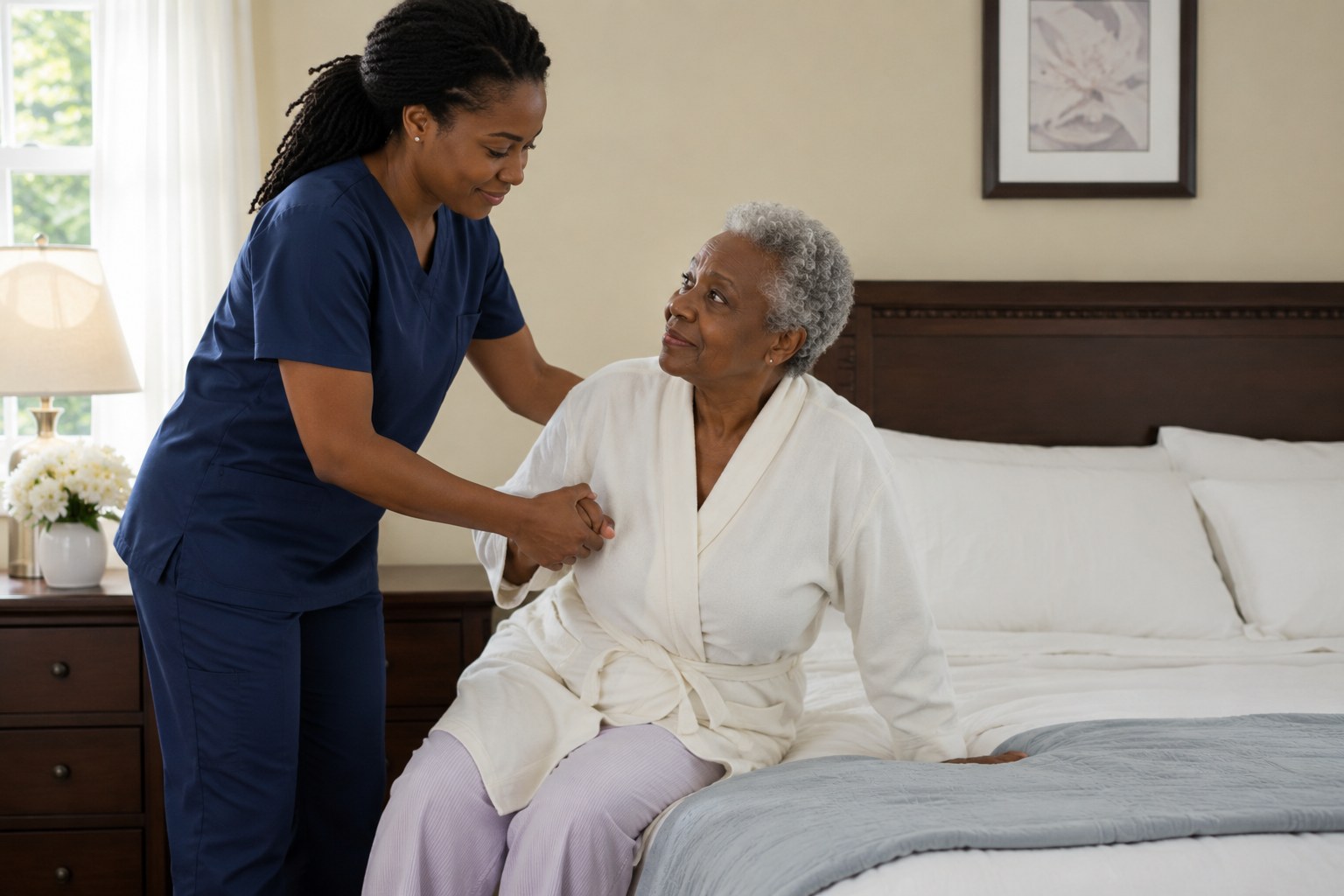 Black caregiver assisting an elderly client at home