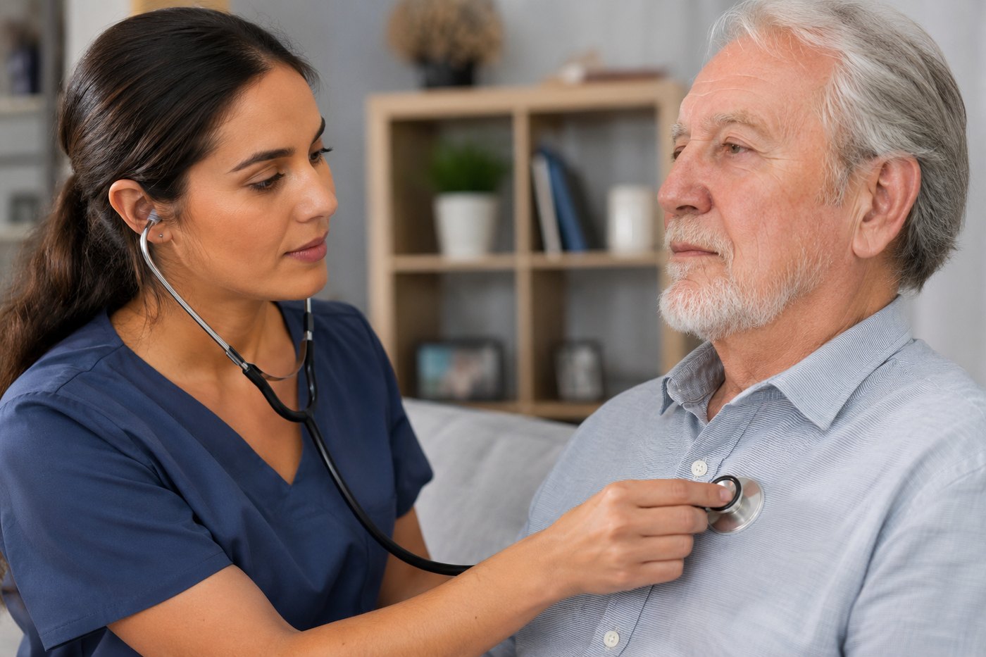 Home healthcare worker checking an elderly client with a stethoscope